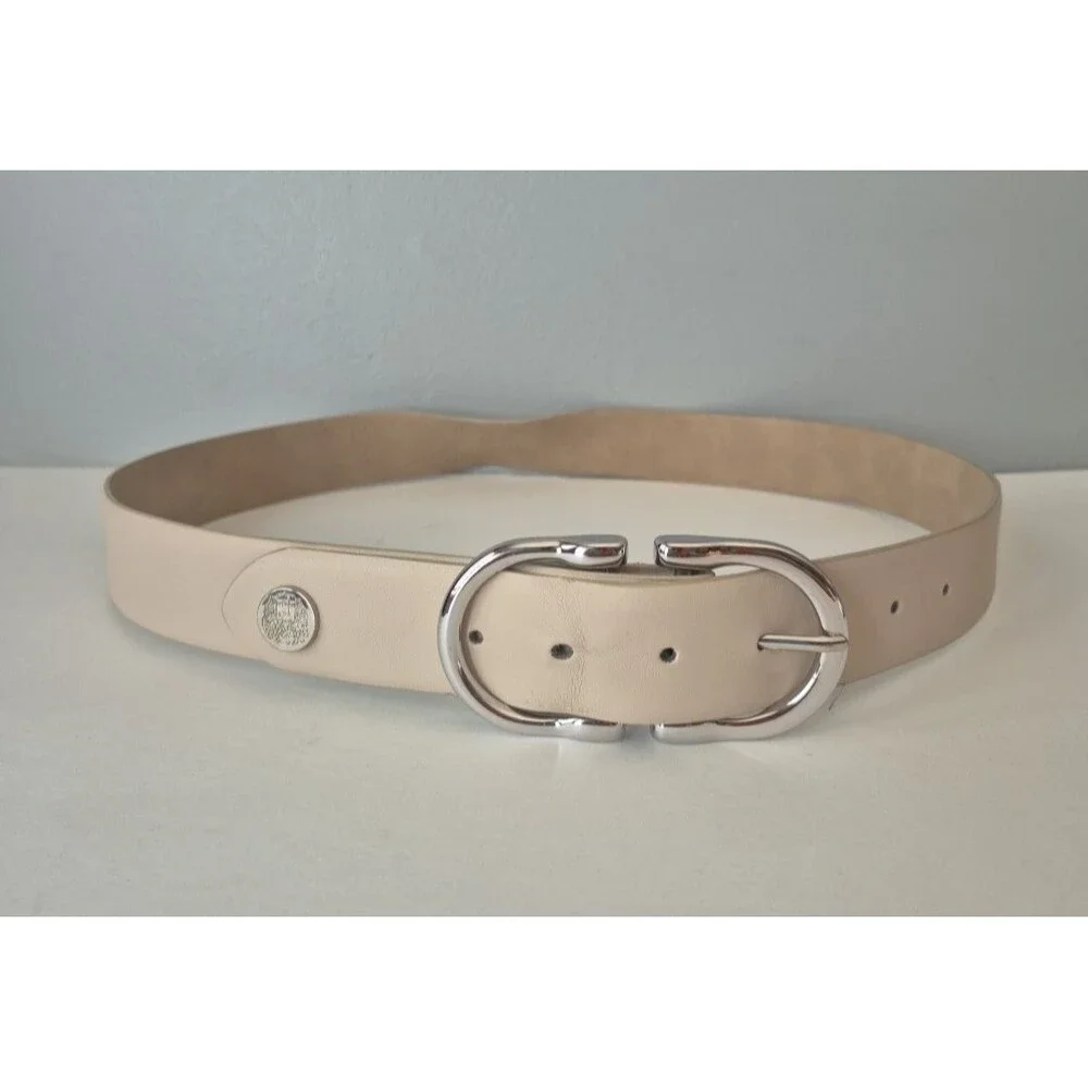 Vince Camuto Sand Faux Leather Silver Centerbar Buckle Belt Womens XL Length 44